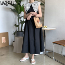 -레이스 칼라 민소매 롱 드레스 여성용 한국 스타일 일본풍 캐주얼 루즈한 숙녀 스위트 윈드 우아한 조끼 드레스 여름 신상품