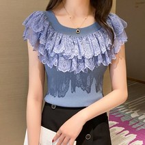 넥 프릴 블라우스 우아한 레이스 라운드 넥 민소매 슬림 솔리드 컬러 풀오버 여름 셔츠 의류