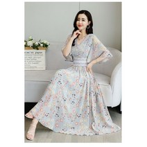 귀여운 V 칼라 플레어 슬리브 꽃 프린트 레이스 허리를 모아주는 여성 쉬폰 롱 드레스 여름 신상품