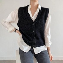 옷자락 여자 브이넥 일자 라쿤 울니트 무지 레이어드용 조끼