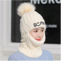 지엘 여성 모자 여성 겨울 자수 스마일 모자 워머 일체 라이딩 기모 도톰