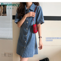 런메시Runmecy 봄여름 원피스 반팔 원피스 데님 원피스 셔츠 원피스 청원피스