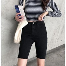 여성용 여름 데님 반바지 진 스키니 찢어진 7부 여성 블랙 스트리트웨어