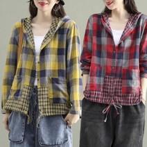 예니브 여성 코트 봄가을/빅사이즈/후드 체크 면 린넨 자켓/캐주얼 카디건 +사은품