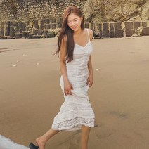 도로시비치 / [당일발송] 맥시 레이스 롱 원피스 끈나시 브이넥 슬림 바캉스 비치웨어원피스