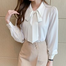 왕리본블라우스 여성흰남방 색 우아한 세련된 활 작업복 패션 탑 봄 가을 옷깃 긴 소매 버튼 업 셔츠 chemisier femme