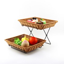 라탄바구니 디저트 과일 진열 트레이 호텔 뷔페 바스켓, 소형베이지+플립커버31x25x5cm