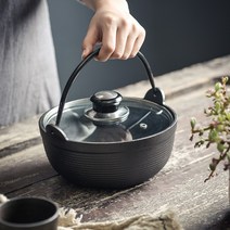 일본식 주철 냄비 무쇠 주물 다용도 솥 나무 우드 원목 뚜껑 나베 전골 야외취사 캠핑, 블랙, 지름20cm+유리뚜껑