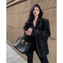 여성 블랙 가죽 코트 가을 고급스러운 카디건 정장 코트