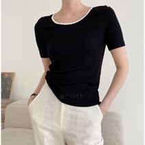 여자 여름 유넥 반팔 배색 잔골지 니트티 텐셀 스판 레이온 티셔츠 이너탑 3040대 미시룩