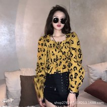 여성 봄 가을 호피 무늬 스퀘어넥 퍼프 소매 셔링 블라우스 머스타드색 10대 20대