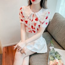 인형 칼라 사랑 인쇄 짧은 소매 쉬폰 셔츠 2022 여름 새로운 패션 시대 감소 달콤한 기질 셔츠 여성