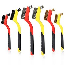 6pcs 와이어 브러시 세트 - 황동 브러시 2개 스테인리스 스틸 브러시 2개 핸들 그립이 있는 나일론 브러시 2개 녹 용접 슬래그 먼지 제거 페인트 부식 청소용 7인치 금속