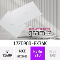 [오늘출발] LG전자 그램17 2022 17ZD90Q-EX76K RTX2050 인텔 12세대 최신 가벼운 오토캐드 17형 고사양 기업 전문가용 노트북 + 무선마우스, 16GB, Free Dos, 2TB