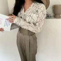 고급스러운 패턴 프린트 세련된 여자 드로잉 블라우스 셔츠