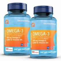 Oceanblue 비타민 D3가 함유된 오메가 3 미니캡 60개 2팩 EPA 및 DHA의 이상적인 일일 복용량을 가진 삼키기 쉬운 소형 피쉬 오일 보충제 야생 포획 바닐라 맛 미니