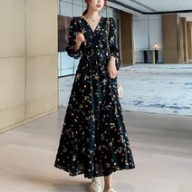 라이프랩 여성 봄 가을 브이넥 플라워 땡땡이 원피스