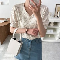 마쿠쿠 브이넥 도트 퍼프 여성 반팔 블라우스 셔츠