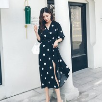 여성원피스 리조트룩 블랙 도트 칠부 쉬폰 데일리룩