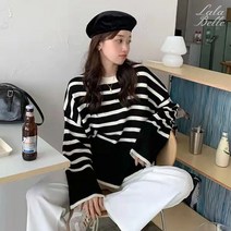 라라벨 여성용 스트라이프 니트 루즈핏 이너프 라운드니트