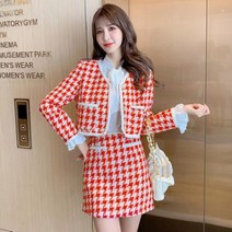 트위드 투피스 셋업 여성 정장 봄 가을 겨울 세트 패션 모직 하운드 체크 자켓 코트 우아한 라인 스커트