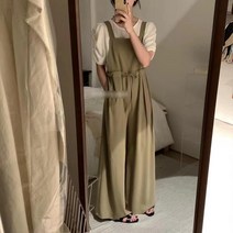 2colors 찰리 멜빵 스트링 여자 핀턱 와이드 팬츠 여성 가을 점프수트 오버롤팬츠