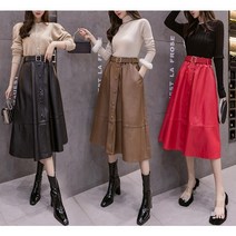 시크해라 ESX3LHB2 여성 가을 벨트 레더 PU 가죽 밴딩 플레어 롱 스커트 bb