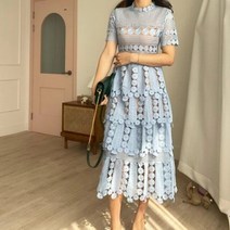 펀칭원피스 펀칭 자수 레이스 원피스 하객룩 퀄리티 우아한 여름 패션 반팔 구멍 여성