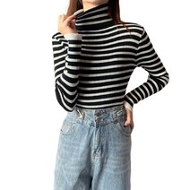 퀸하우스 소매단추 스트라이프 폴라 니트티