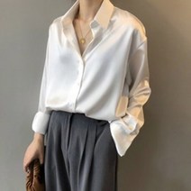 싱글 버튼 여리여리핏 실켓 공단 셔츠카라 롱 슬리브 블라우스
