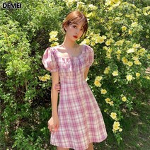 DFMEI 여름 쉬폰 스퀘어넥 원피스 여 퍼프소매 조거 스위트체크 A라인 스커트
