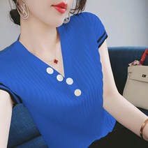 블라우스 패션 v-목 Spliced 버튼 여름 대형 솔리드 컬러 캐주얼 접착제 풀오버 여성 의류 통근 셔츠