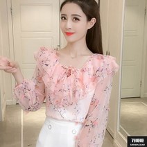 가바바 여성 블라우스 V넥 더블프릴 리본소매 쉬폰블라우스 G68942