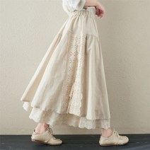 안녕릴리 여성 린넨 레이스 레이어드 밴딩 롱 스커트