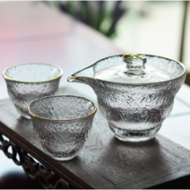 [ 가완이일홈마니 ]유리 찻잔 다기 세트 골드 테두리 라지 슬라브 쿵후 세트, 개완 + 찻잔 2개