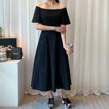 미즈큐즈 / 스퀘어넥 오프숄더 허리밴딩 A라인 플레어 린넨 롱 원
