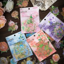 빈티지 감성 금박 꽃 플라워 압화 다꾸 PET 스티커 4종, 2.퍼플 (ST-3056)