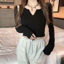 걸러쉬 브이넥 슬림핏 코튼 캐주얼 긴팔 크롭 티 3컬러 9w9 여성 셔츠 코디 봄 20대 클럽패션 운동