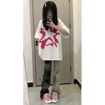 면반팔티셔츠 순 2023 년 여름 와이드 루즈핏 고가 아메카지스타일 클래식 드렌드 남자 4998243828