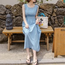 플레이팝 여성용 2컬러 데님 민소매 롱원피스