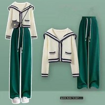 여성바지정장세트 여성 캐주얼 와이드 레그 데님 바지 니트 가디건 세트 한국어 Preppy 스타일 선원 칼라 짧은 스웨터 코트 의상 2023