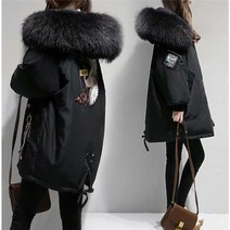 새로운 여성 긴 파카 패션 겨울 따뜻한 짙은 후드 자켓 여성 느슨한 특대 블랙 코트 여성 자수