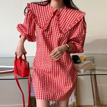 돌체비타샵 프릴 카라 체크 퍼프 소매 원피스
