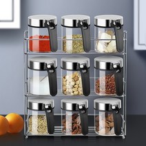 양념통 유리 조미료통 9종 세트 스테인리스 주방 수납, 블랙 손잡이 캔 9개+3단 거치대개