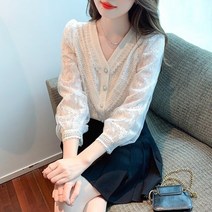 리본블라우스 왕리본 긴소매 화이트 블라우스 여성 v넥 레이스 셔츠 상의 2022