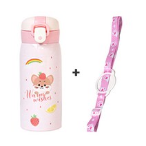 원터치 텀블러 350ml 이중고리 어린이 물병 보온 보냉 스트랩 목걸이 세트, 핑크(햄스터)+핑크스트랩