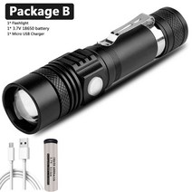 저스트앳 XP-L V6 LED 램프 구슬과 밝은 손전등 방수 토치 Zoomable 4 조명 모드 다기능 USB 충전, [02] Package B, [03] V6-Brightest