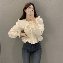 [레티고] 프릴 카라 셔링 블라우스