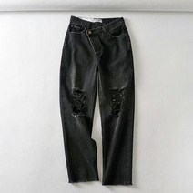 Dave & Di mom ins 패션 블로거 불규칙한 허리 높은 허리 청바지 구멍 찢어진 청바지 여성 느슨한 남자 친