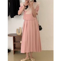 빈티지 핑크 정장 여름 짧은 소매 코트 자르기 탑 Pleated 치마 2 조각 세트 여자 의상